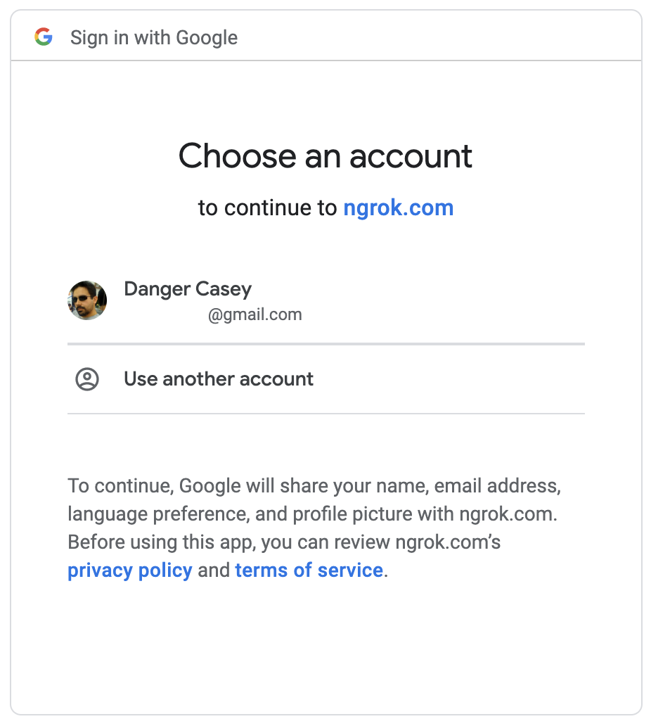 Google login screen in front of ngrok