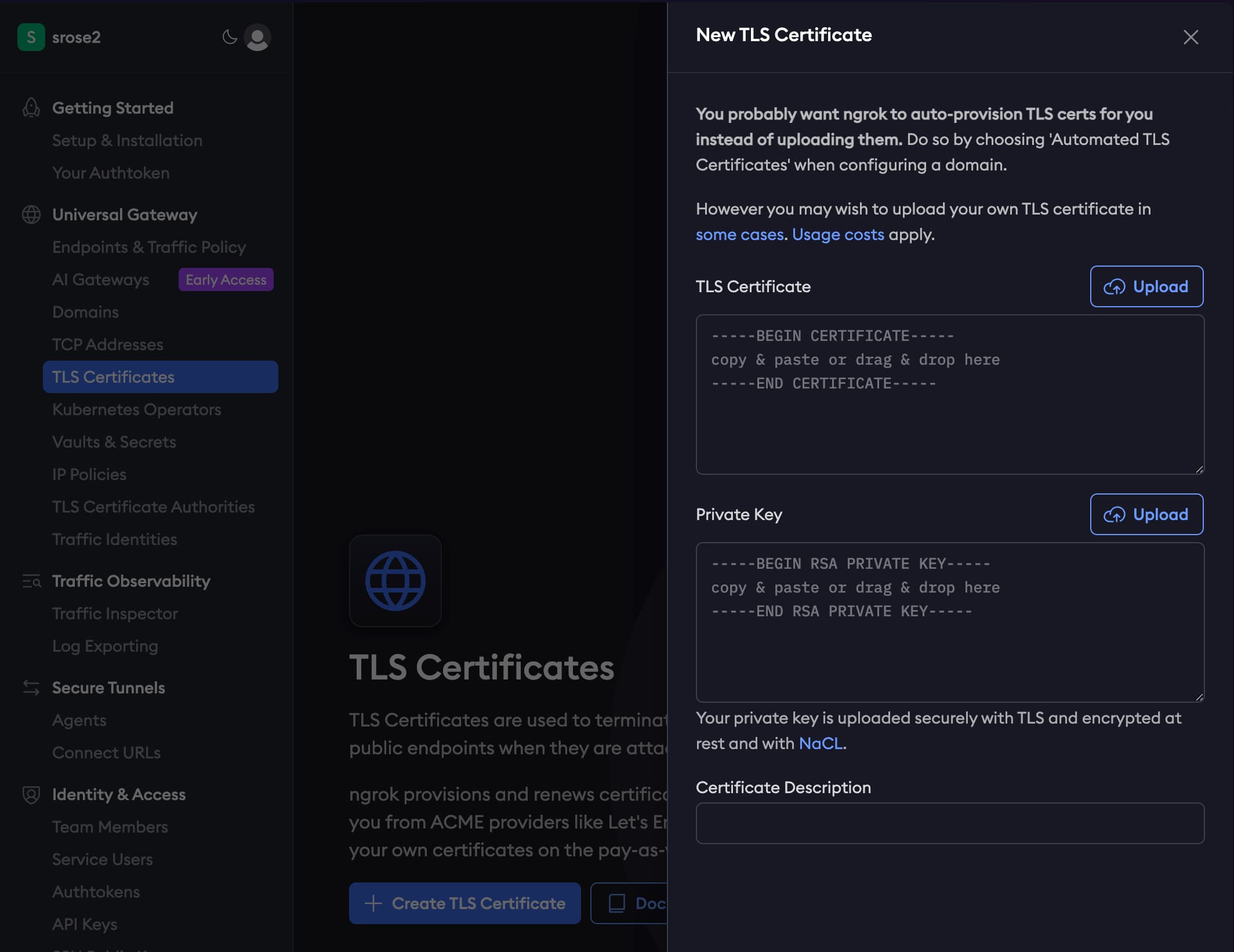 ngrok TLS certificate Creation Dialog